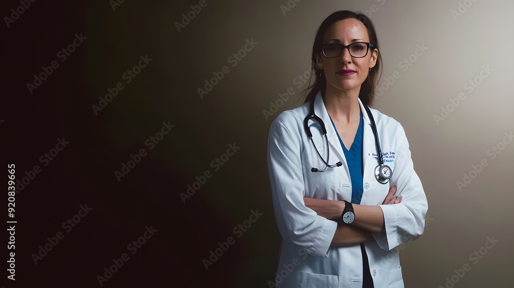 A confident female doctor stands with her arms crossed. A confident female doctor stands with her arms crossed.