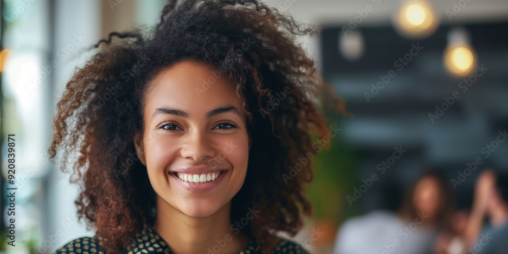 A happy woman with curly hair smiling brightly in a casual setting, capturing joy and positivity with dynamic background blur. A happy woman with curly hair smiling brightly in a casual setting, capturing joy and positivity with dynamic background blur.