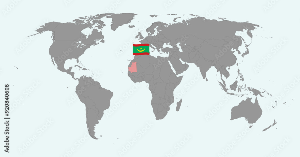 Obraz premium Pin map with Mauritania flag on world map. Vector illustration.