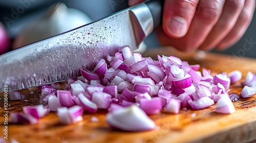 Close up of a chef s hands dicing a fresh red onion on a wooden cutting board