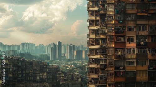 A city skyline showing luxury apartments on one side and crowded tenements on the other symbolizing economic disparity photo