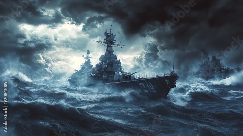 A powerful battleship navigating through turbulent waters, dramatic stormy skies enhancing its majestic presence.