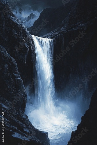 A white waterfall cascading down a dark, rocky cliff into a shadowy pool. 