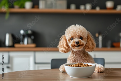 domestic dog eating dry food from a bowl on interior home background 