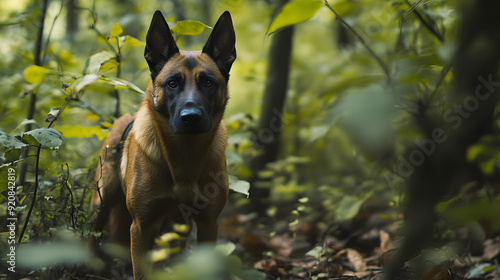 Alert, attentive German Shepherd  with curious eyes and playful poses for portrait in forest
