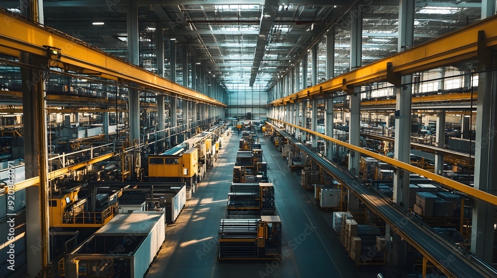 Fototapeta premium Large Indoor Industrial Factory Warehouse with Overhead Cranes and Machinery