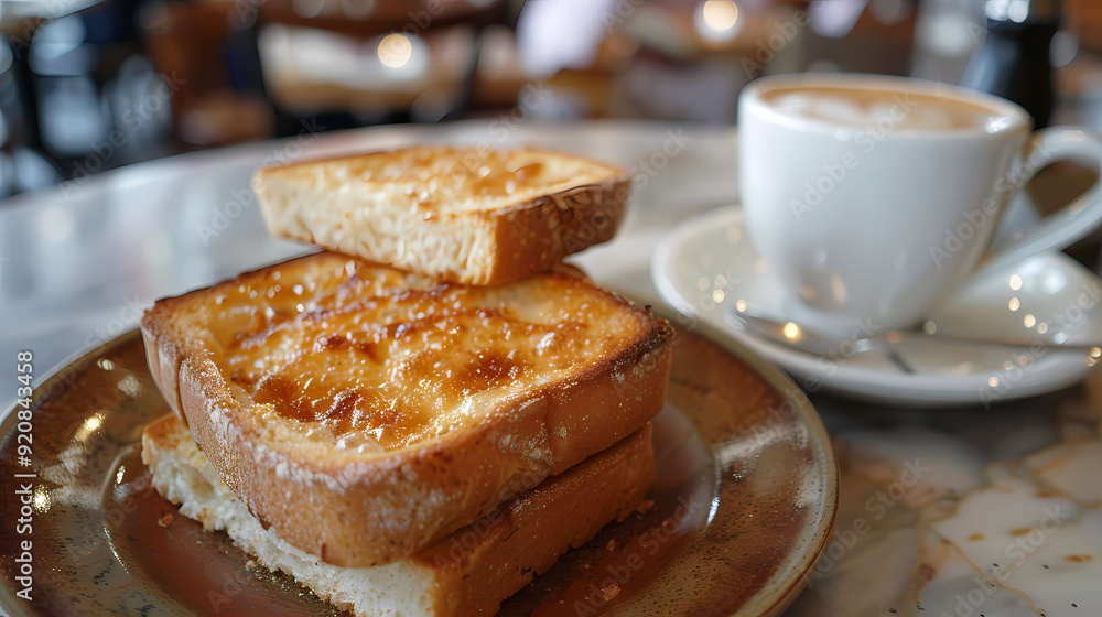 hot tea ,Grilled Butter Bread Topped with sweetened condensed milk / Cappuccino hot tea ,Grilled Butter Bread Topped with sweetened condensed milk / Cappuccino
