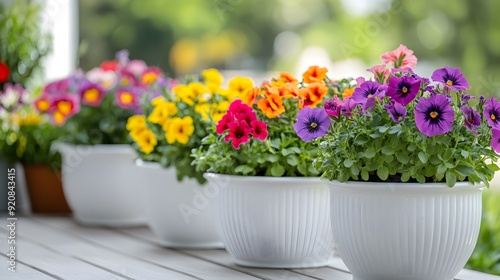 Wallpaper Mural Vibrant potted flowers, white ceramic planters, colorful petunias, pansies, and marigolds, garden variety, lush foliage, spring bloom display, outdoor terrace setting. Torontodigital.ca