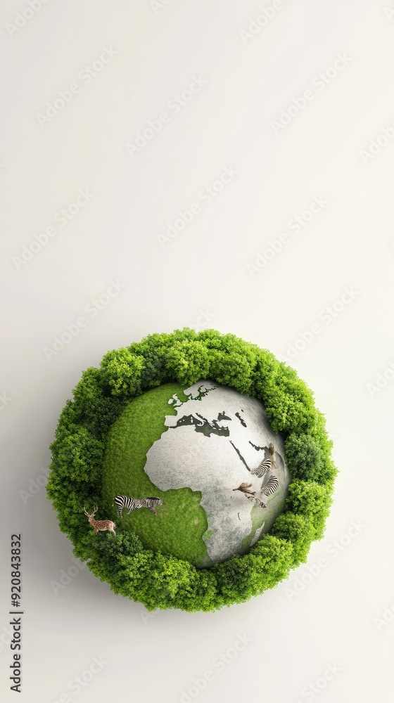 A diverse group of animals including elephants, giraffes, lions, and zebras gather under a large globe surrounded by greenery and clouds in a tranquil setting A diverse group of animals including elephants, giraffes, lions, and zebras gather under a large globe surrounded by greenery and clouds in a tranquil setting