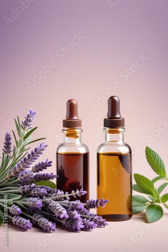 Peppermint oil bottles and lavender, vertical composition