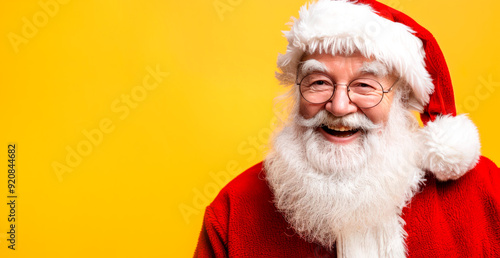 Cheerful Santa Claus in a red suit and glasses on a yellow background, copy space. Christmas and New Year concept. Advertising banner.