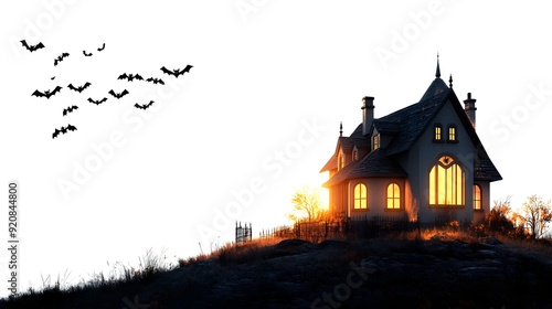 Haunting Gothic Mansion Glowing in the Autumn Twilight with Bats Swarming Overhead