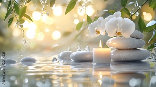 Zen spa composition, white marble countertop, bright natural lighting, stacked smooth pebbles, white orchid flower, lit tea candles, water droplets, green leaves background.