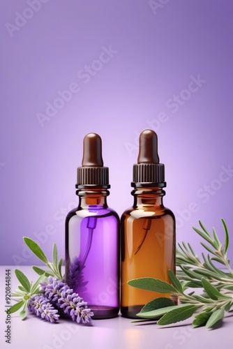 Peppermint oil bottles and lavender, vertical composition