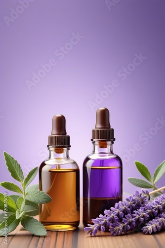 Peppermint oil bottles and lavender, vertical composition