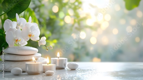 Zen spa composition, white marble countertop, bright natural lighting, stacked smooth pebbles, white orchid flower, lit tea candles, water droplets, green leaves background.