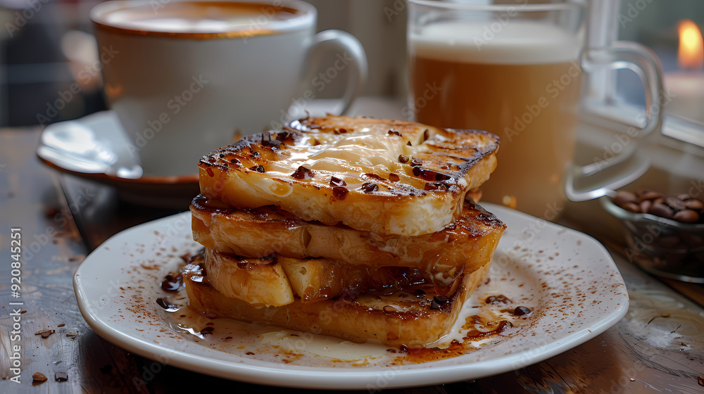 hot tea ,Grilled Butter Bread Topped with sweetened condensed milk / Cappuccino hot tea ,Grilled Butter Bread Topped with sweetened condensed milk / Cappuccino