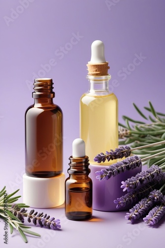 Peppermint oil bottles and lavender, vertical composition