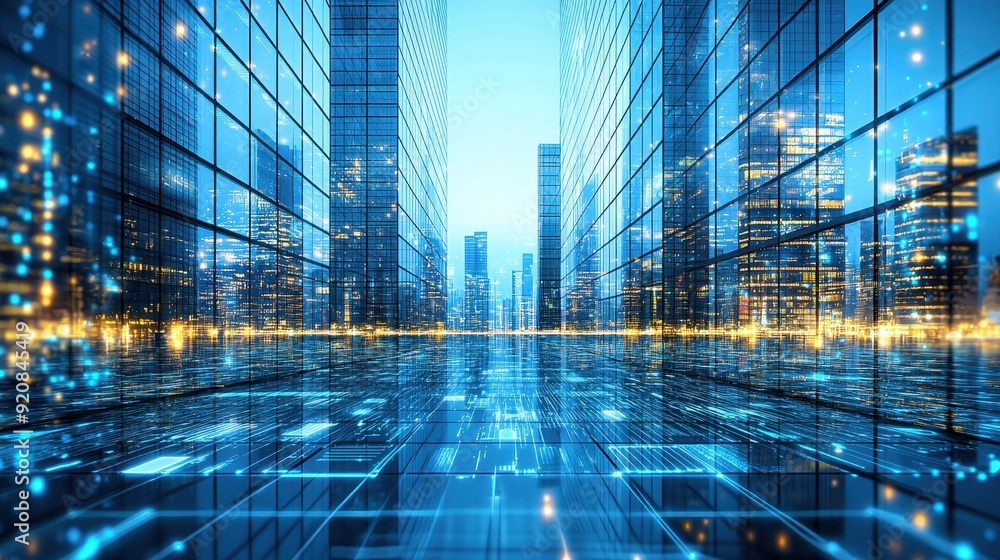 Futuristic cityscape with blue tones showcasing modern buildings and digital elements, reflecting innovation and technology. Futuristic cityscape with blue tones showcasing modern buildings and digital elements, reflecting innovation and technology.