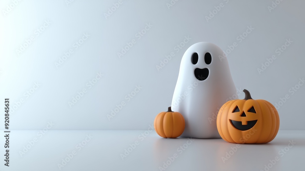 Small white ghost with a tiny pumpkin. Halloween concept. Small white ghost with a tiny pumpkin. Halloween concept.