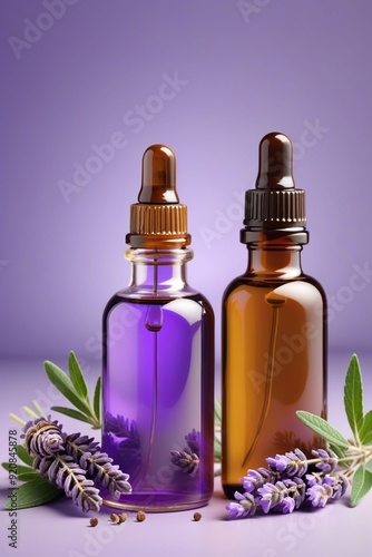 Peppermint oil bottles and lavender, vertical composition