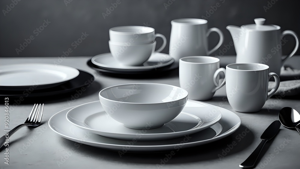 Stylish white tableware set on grey background. Stylish white tableware set on grey background.