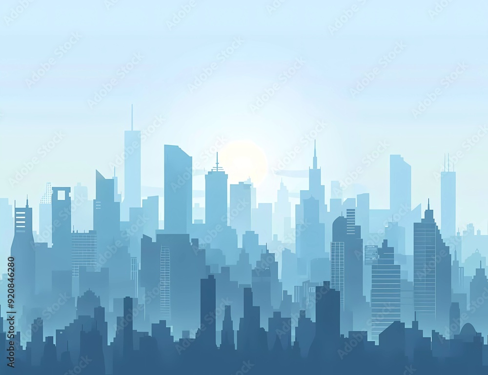 A flat vector illustration of city skyline background with simple minimal shapes, sky blue color palette A flat vector illustration of city skyline background with simple minimal shapes, sky blue color palette