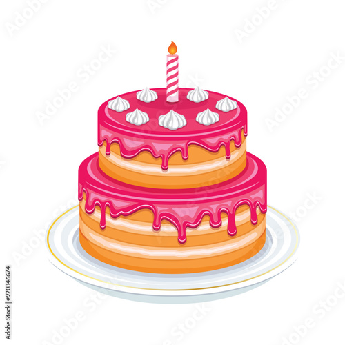 Two tier birthday cake with pink icing vector illustration. Pink vanilla cake with a candle drawing. Layer cake with pink glaze icon isolated on white background. Pink birthday cake on a plate vector