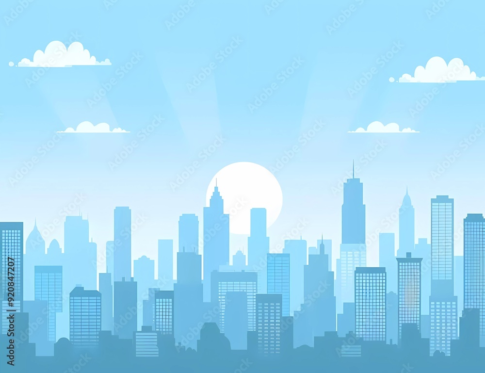 A flat vector illustration of city skyline background with simple minimal shapes, sky blue color palette A flat vector illustration of city skyline background with simple minimal shapes, sky blue color palette