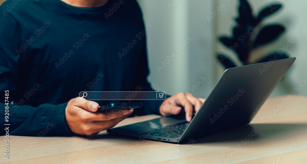 personal using smartphone with virtual Search bar for data search on 5G network website online. Data search technology search engine optimization concept search engines SEO.