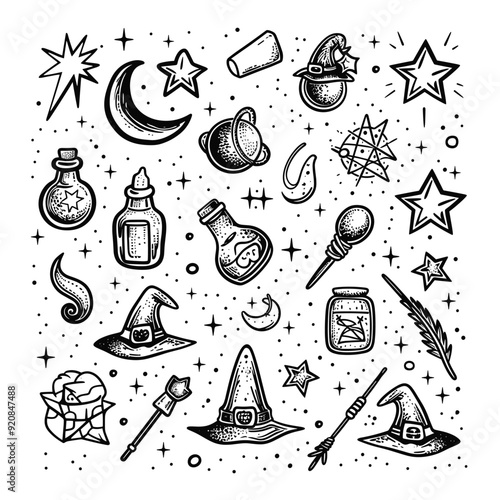 Whimsical doodles of magical elements including stars, potions, and a witch's hat in a playful style.
