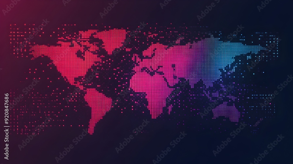 Fototapeta premium Digitized Global World Map Made of Interconnected Pixels and Dots Creating a Technological Landscape