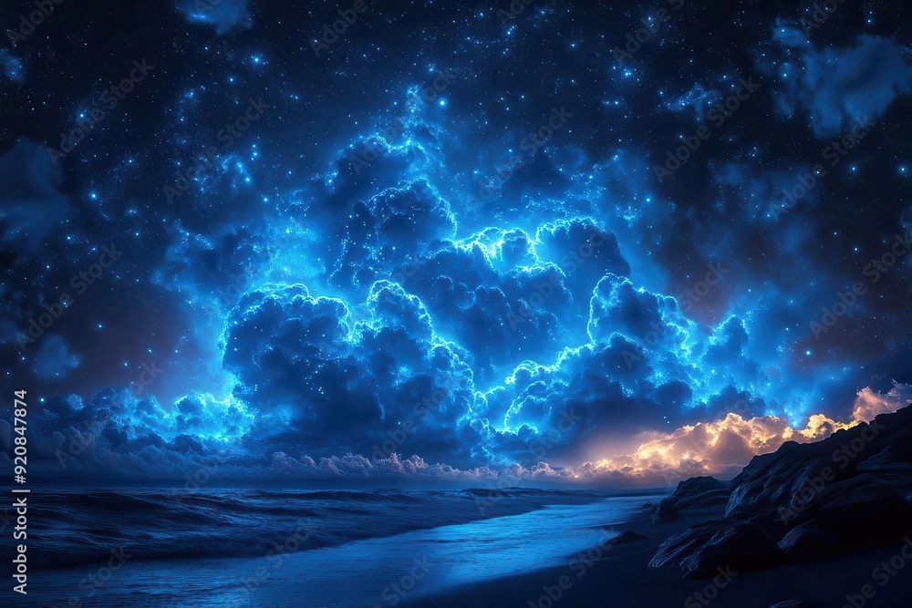 ethereal bioluminescent clouds illuminating starry night sky creating otherworldly atmosphere ethereal bioluminescent clouds illuminating starry night sky creating otherworldly atmosphere