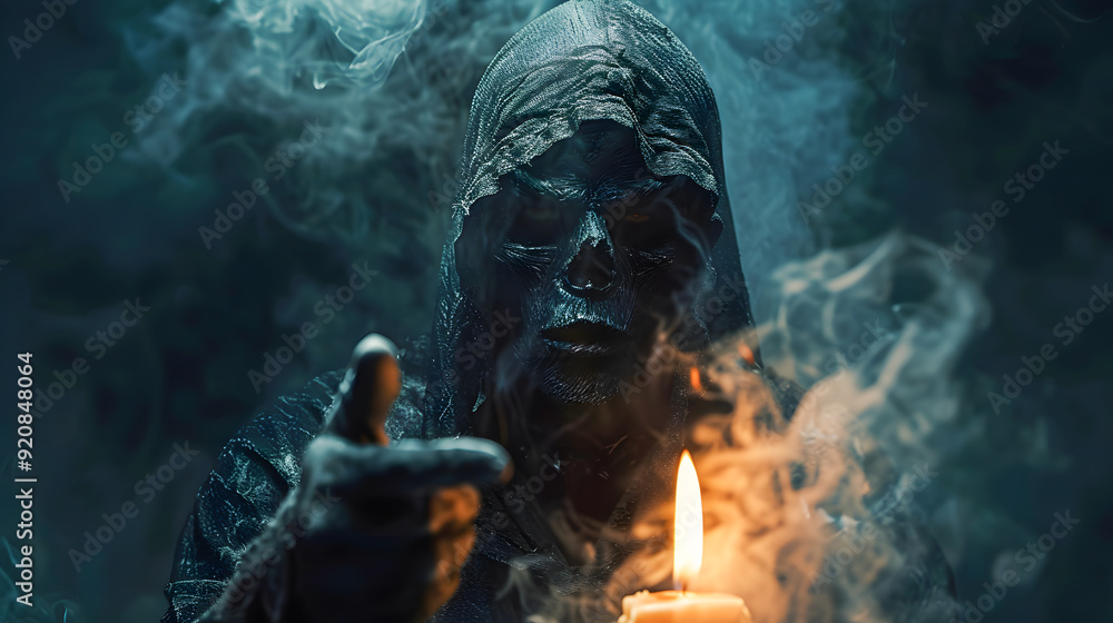 Grim reaper reaching towards the camera over dark background Grim reaper reaching towards the camera over dark background