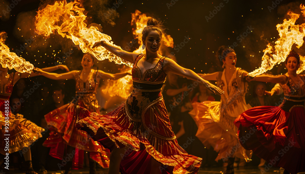 Fototapeta premium group of flamenco dancers dancing in fire engergetic, dynamic colourful extravaganza