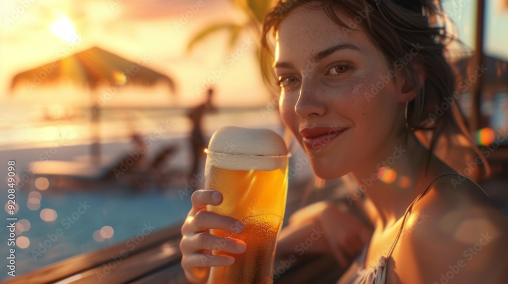 A woman is holding a glass of beer on a beach A woman is holding a glass of beer on a beach