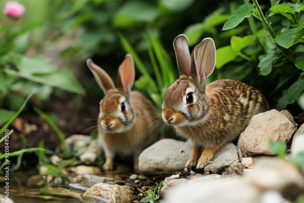 Serene Garden Harmony: Rabbits Roaming in Peaceful Coexistence with Nature Serene Garden Harmony: Rabbits Roaming in Peaceful Coexistence with Nature
