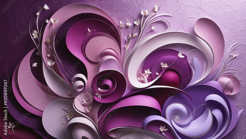 An abstract art piece with swirling purple and pink shapes and white flowers. An abstract art piece with swirling purple and pink shapes and white flowers.