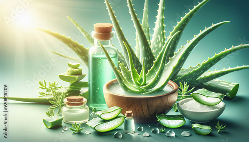 Aloe Vera, natürlich und vegan, Kosmetik-Herstellung, Aloe Vera ist ein sehr nützliches Kräuterheilmittel zur Hautbehandlung und zur Verwendung im Spa zur Hautpflege, natürlich, vegan photo