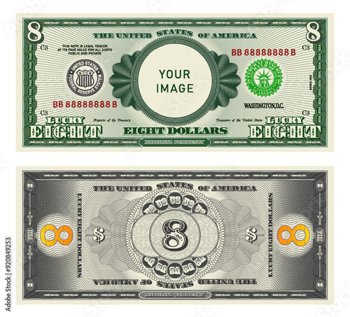 Vector highly detailed fictional beautiful lucky 8 US dollar banknote. Obverse and reverse of American bill with guilloche patterns. Empty circle in center. Sample, your image. Eight dollars.