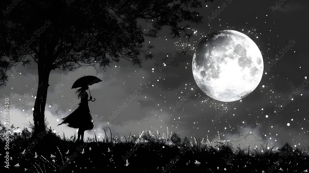 halloween background with moon,a girl with umbrella walking at night, night scene under the big moon with black and white art digital art painting , night nature halloween background with moon,a girl with umbrella walking at night, night scene under the big moon with black and white art digital art painting , night nature