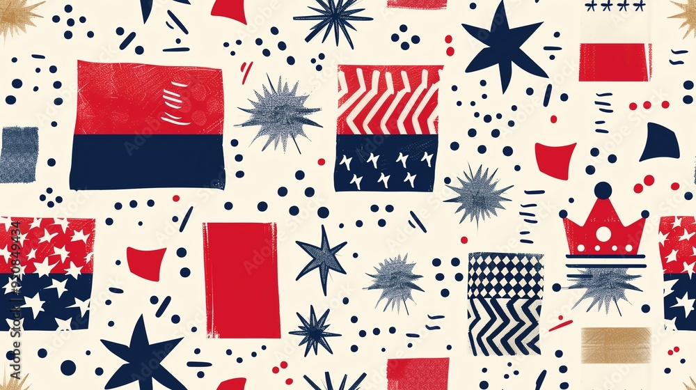 Abstract patriotic pattern with stars, stripes, and geometric shapes in red, white, and blue colors, perfect for festive designs. Abstract patriotic pattern with stars, stripes, and geometric shapes in red, white, and blue colors, perfect for festive designs.