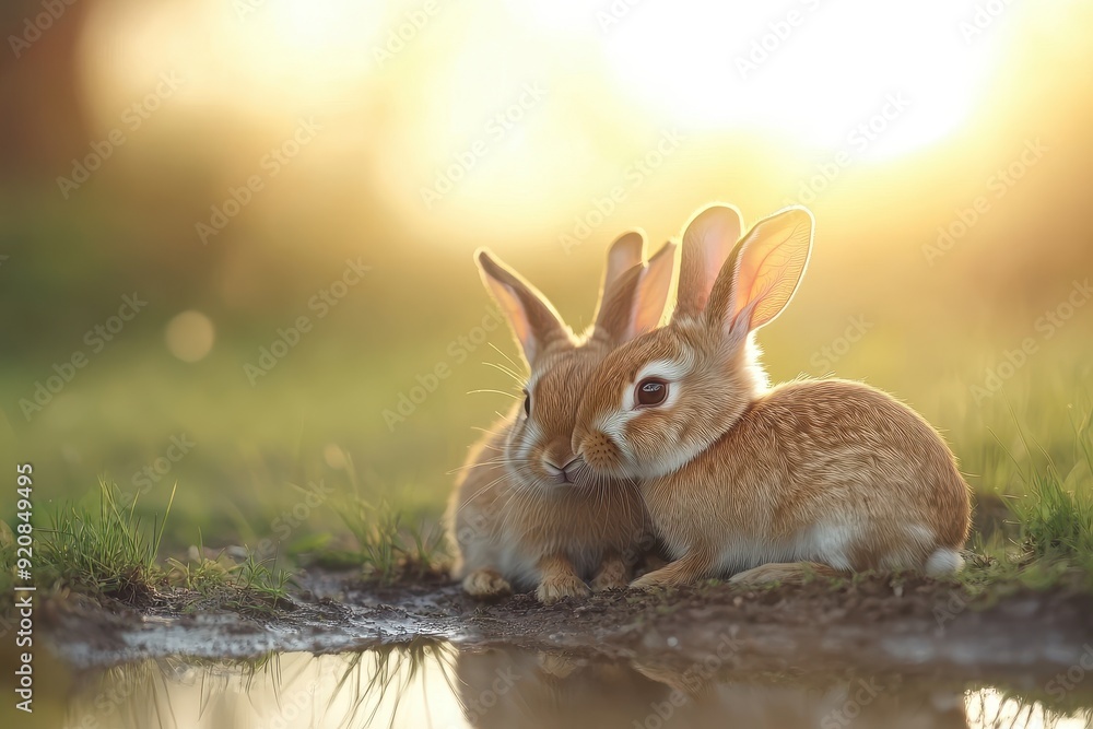 Obraz premium Harmony in Nature: Tranquil Rabbits Amidst Wilderness - Conservation Concept