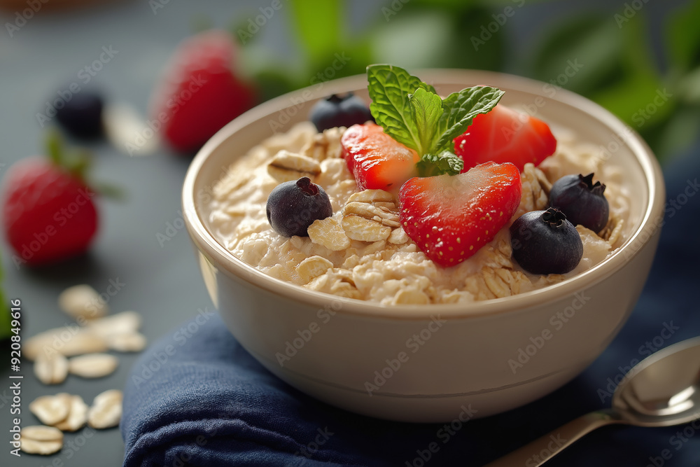 Healthy oatmeal bowl topped with fresh strawberries and blueberries, garnished with a sprig of mint, showcasing a nutritious breakfast option rich in fiber and antioxidants Healthy oatmeal bowl topped with fresh strawberries and blueberries, garnished with a sprig of mint, showcasing a nutritious breakfast option rich in fiber and antioxidants