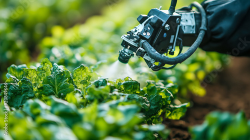 Wallpaper Mural Smart robotic farmer spraying fertilizer on vegetable green plants Torontodigital.ca