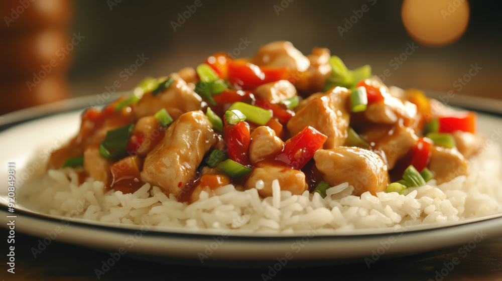 Spicy stir-fried pork and chicken with chili sauce.