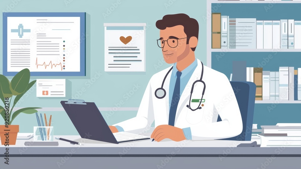 Doctor Working on Laptop in a Medical Office Illustration Doctor Working on Laptop in a Medical Office Illustration
