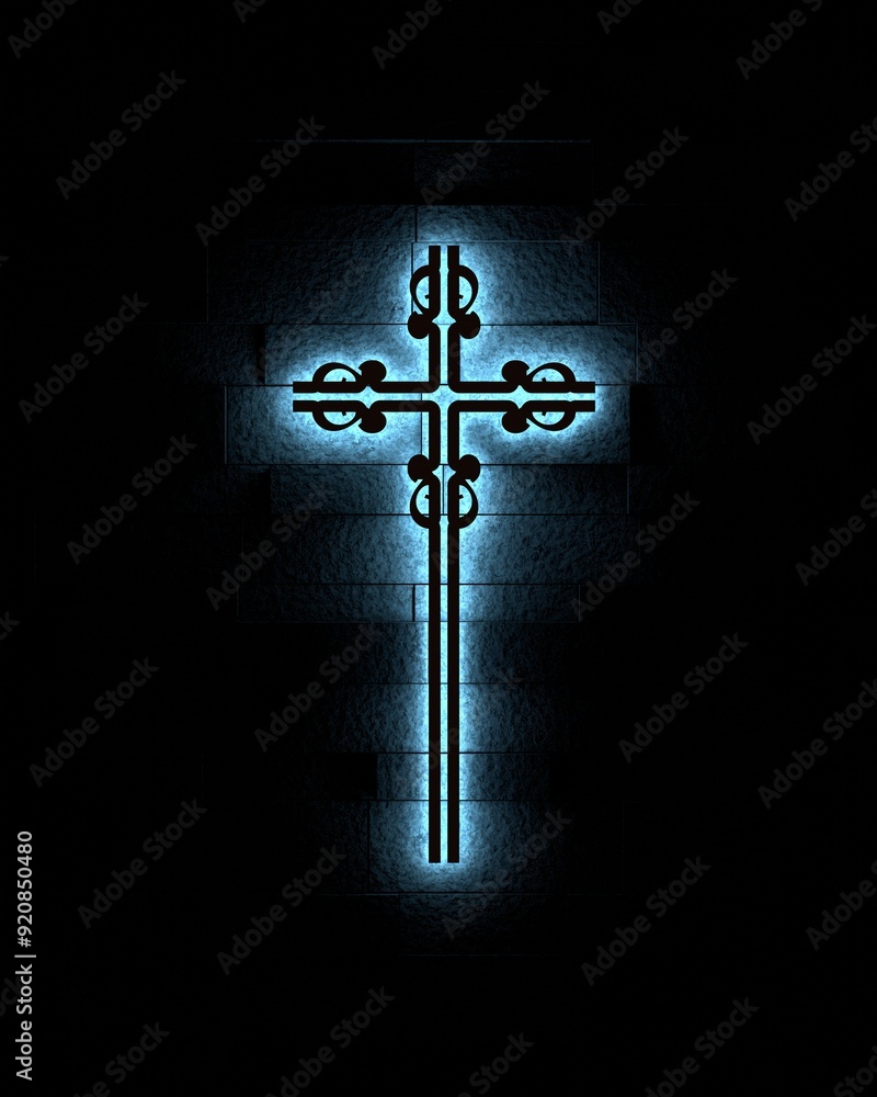 Naklejka premium Neon shine christian cross on brick wall. Religion concept illustration. 3D render