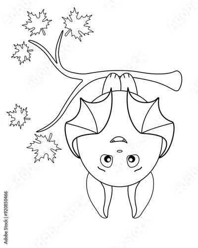Cute fat bat hanging upside down on a maple branch - vector linear illustration for coloring. Outline. A bat on an autumn tree getting ready for bed - a funny children's picture for a coloring book.	