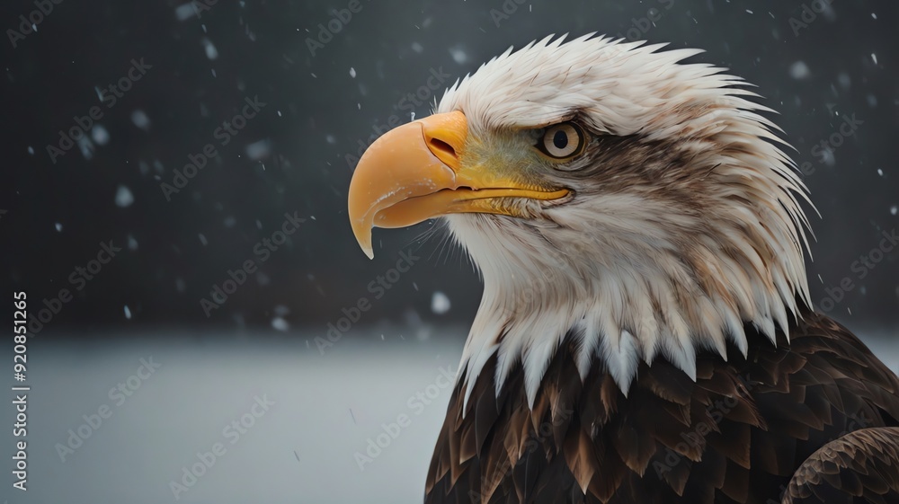 A close-up of a bald eagle's head in the snow A close-up of a bald eagle's head in the snow